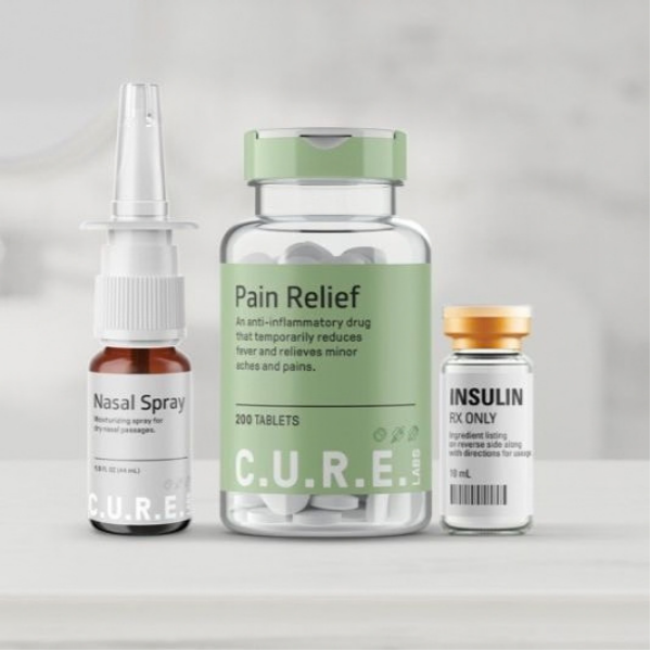 Pharmaceutical labels on bottle, spray and vial