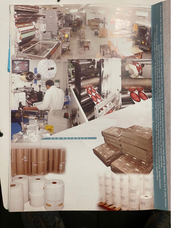 Early company brochure page showing the press floor